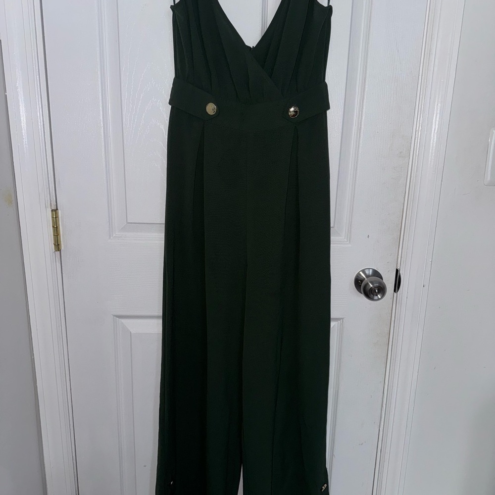 Zara Dark Green Jumpsuit with Gold Accents and pockets